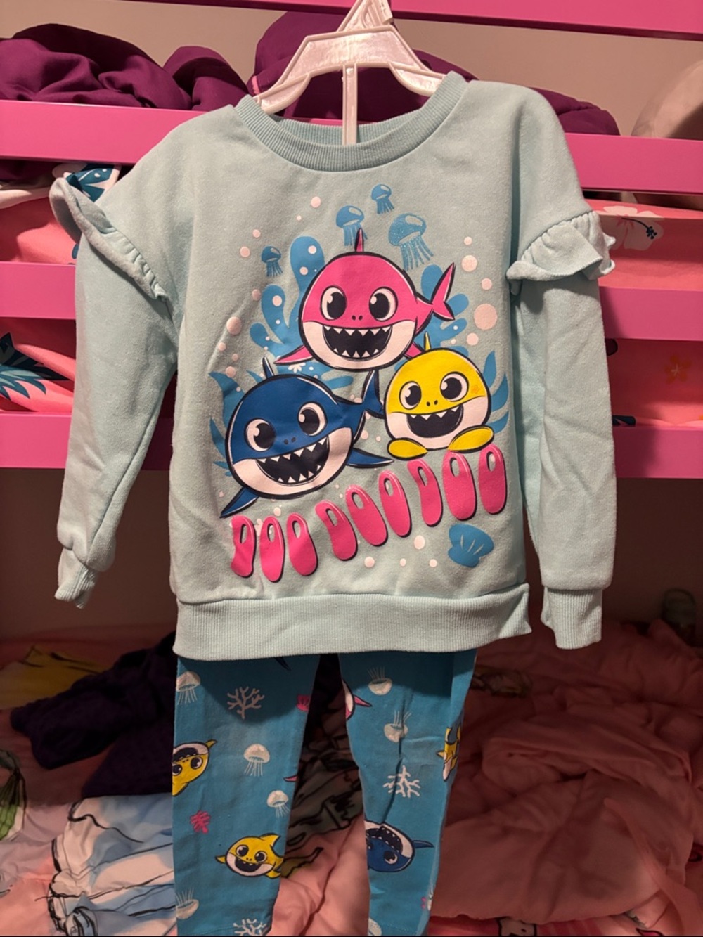 Kids Matching Set - Aqua Blue Baby Shark Sweatshirt & Leggings